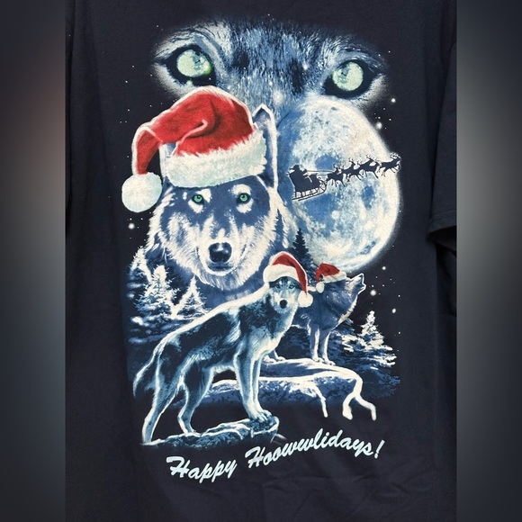 Happy Howlidays Wolves Santa Hat Short Sleeve Navy Blue T Shirt Tee Size XL - Picture 2 of 7